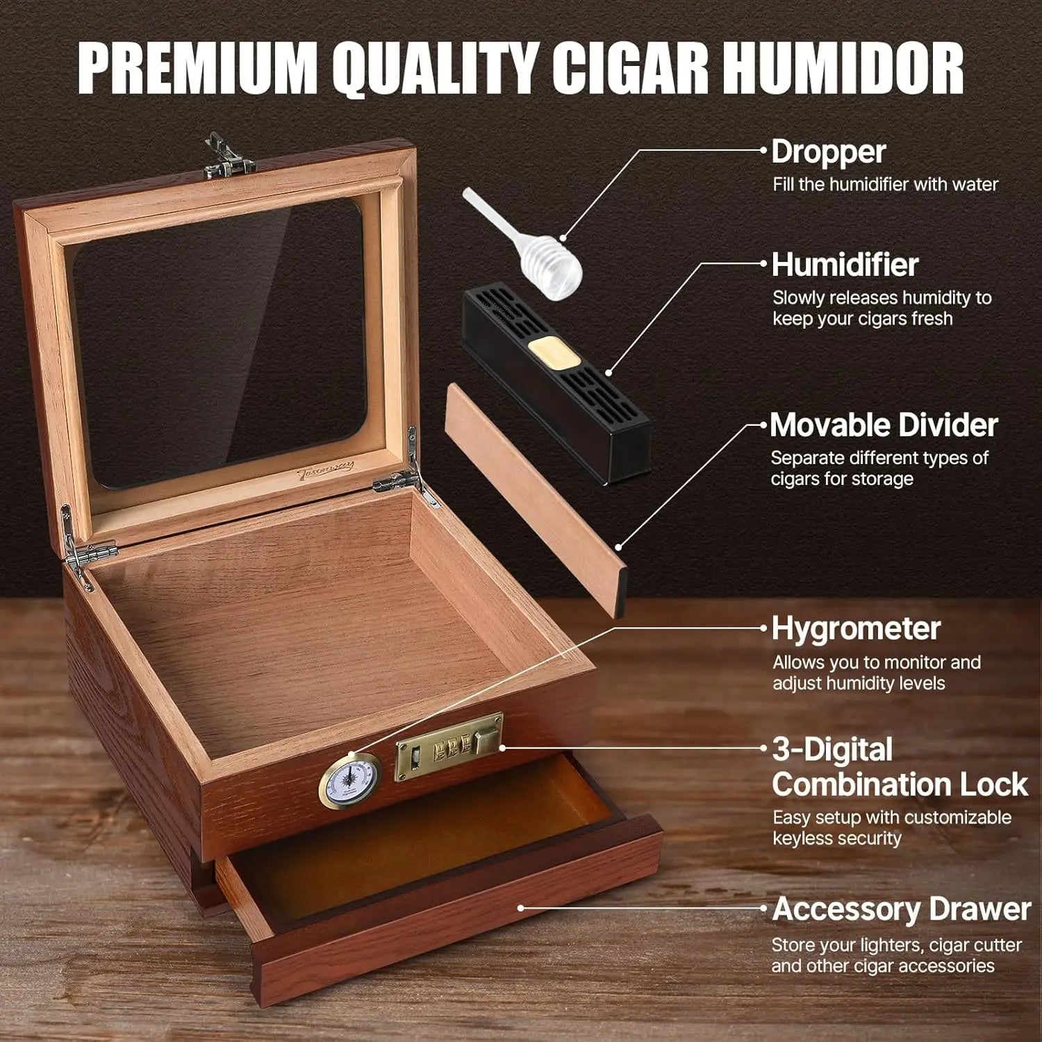 Cigar Humidor, Cedar Wood Cigar Box, Glass Top Desktop Humidor with Front Hygrometer, Humidifier, Divider, Drawer and Lock