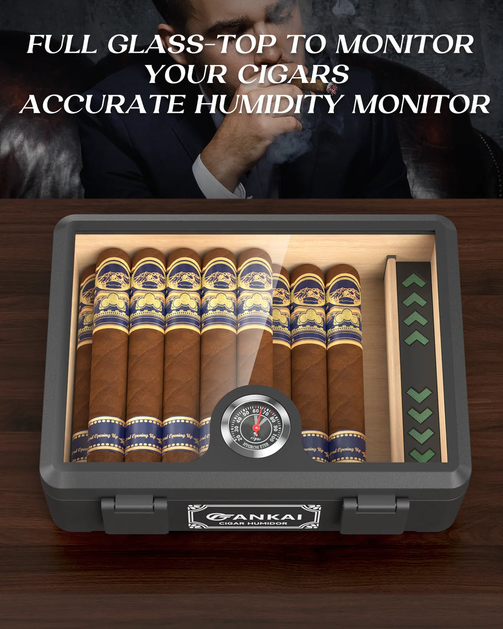 Cigar Humidor,Full Glass Top Cigar Box with Humidifier and Hygrometer,Crushproof Case,Cedar Wood Lining Storage for 20-25 Cigars
