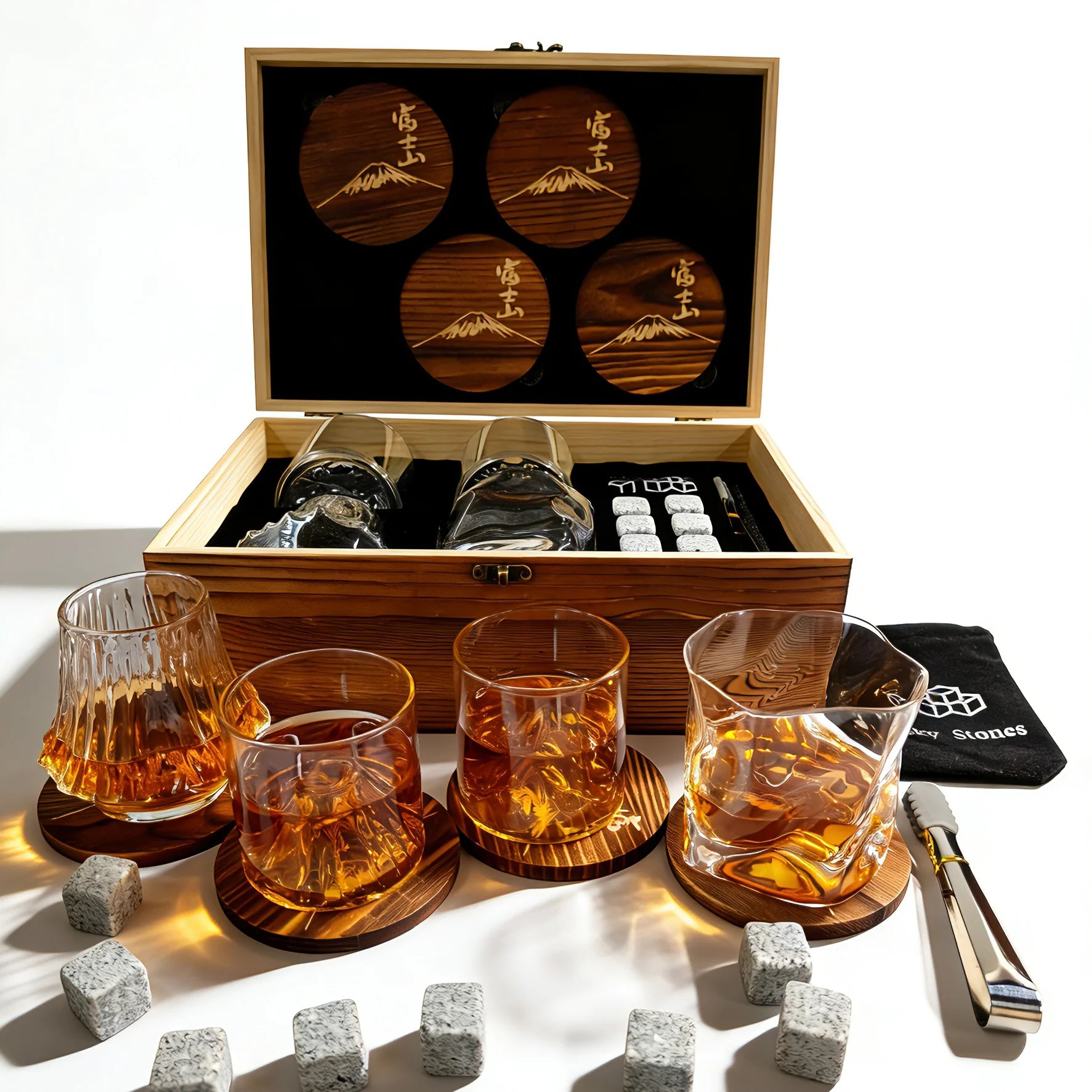 4 Different Designs Japanese Whiskey Cup Set Wine Glass Stone Ice Cube Wood Coaster Best Festival Gift Present For Dad Husband