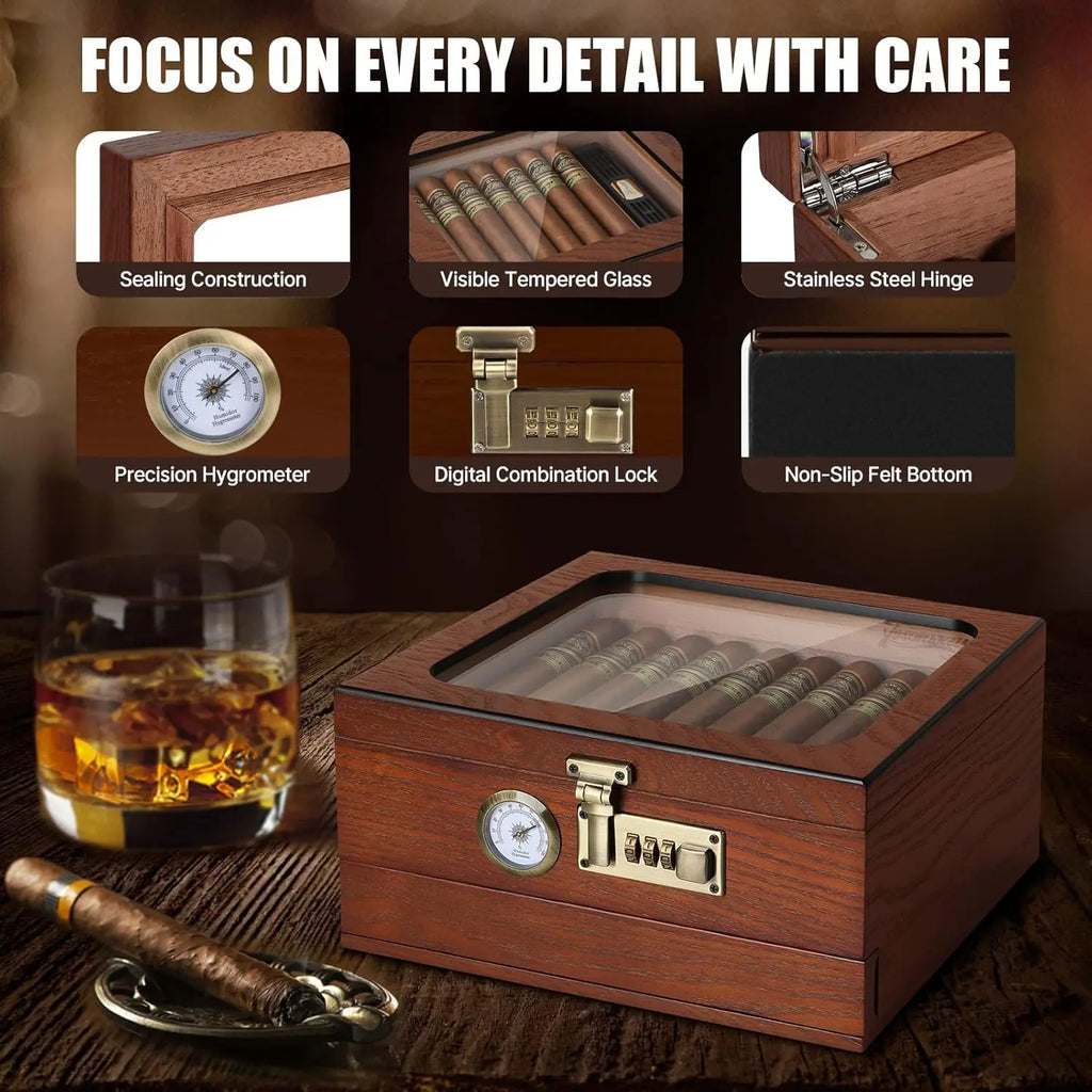Cigar Humidor, Cedar Wood Cigar Box, Glass Top Desktop Humidor with Front Hygrometer, Humidifier, Divider, Drawer and Lock