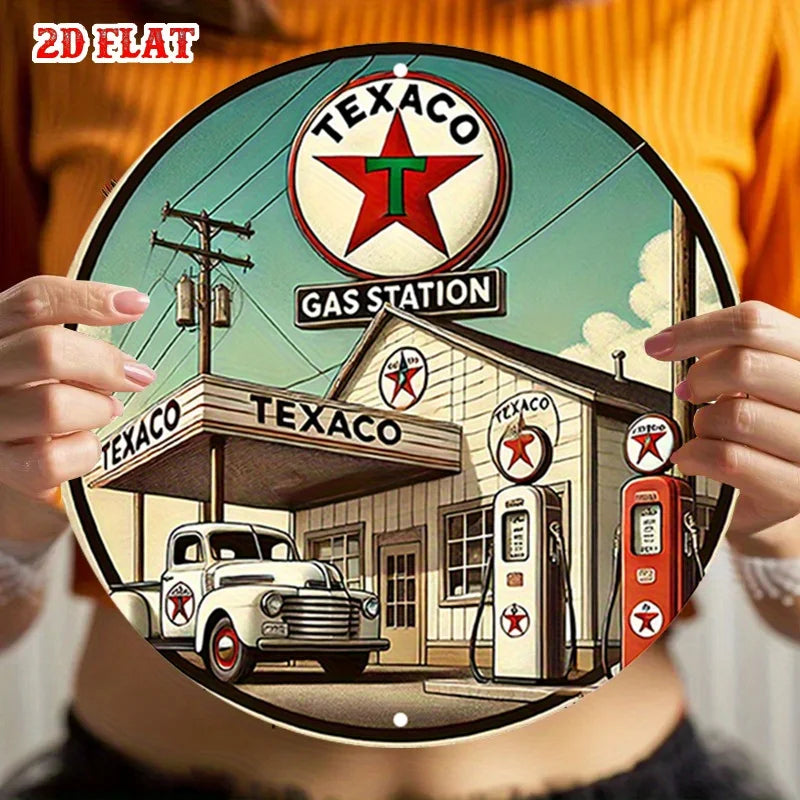2D flat Texaco round aluminum sign, gas station round aluminum sign, wall decoration sign for home, garage, restaurant, and cafe