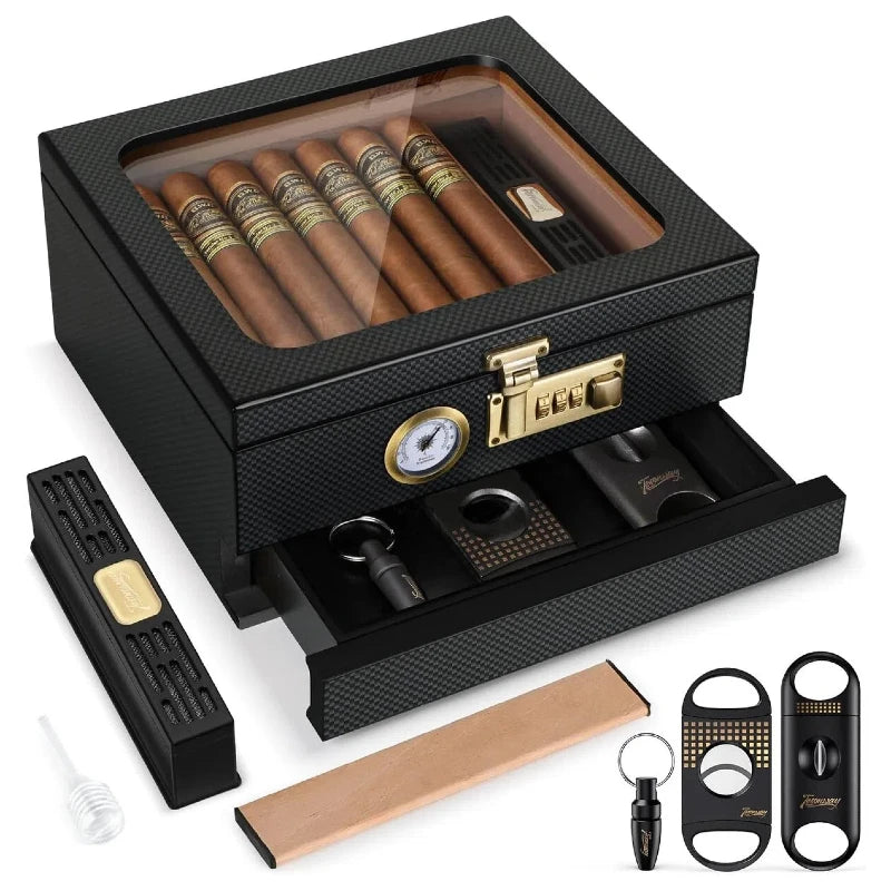 Cigar Humidor, Cedar Wood Cigar Box, Glass Top Desktop Humidor with Front Hygrometer, Humidifier, Divider, Drawer and Lock