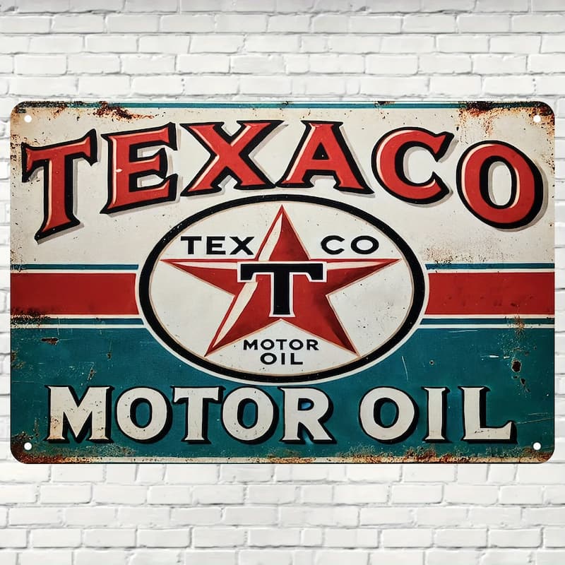 Vintage Texaco Gas Station Sign -  Retro Wall Decor with Red, White, and Blue Stripes, for Home, Bar, Cafe, or Man Cave, Bar Wal