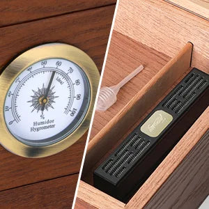 Cigar Humidor, Cedar Wood Cigar Box, Glass Top Desktop Humidor with Front Hygrometer, Humidifier, Divider, Drawer and Lock