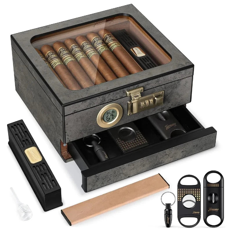 Cigar Humidor, Cedar Wood Cigar Box, Glass Top Desktop Humidor with Front Hygrometer, Humidifier, Divider, Drawer and Lock