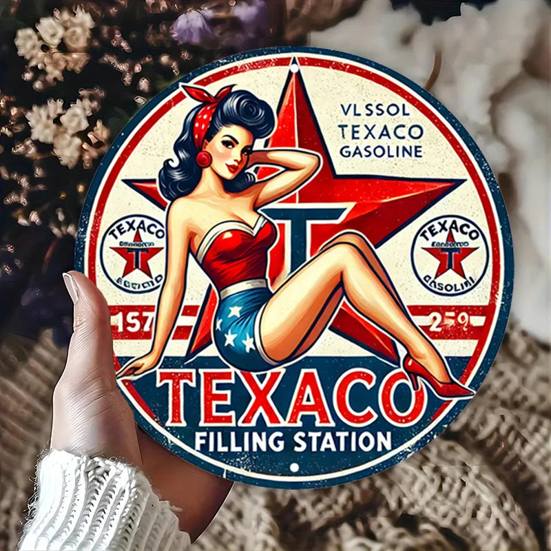 [Durable Build] Vintage Texaco Round Aluminum Sign - Retro Pin-Up Gasoline Metal Tin Wall Art, Rustic Decor for Home, Garage, Di